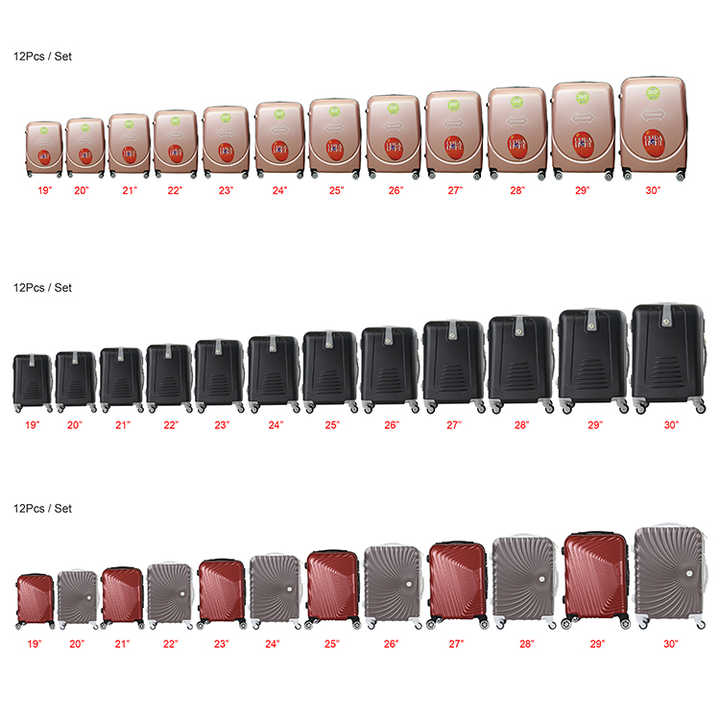 ชุดกระเป๋าเดินทางเปลือกแข็ง ABS ที่ผลิตกึ่งสำเร็จรูปพร้อมกระเป๋าเดินทาง 12 ชิ้น